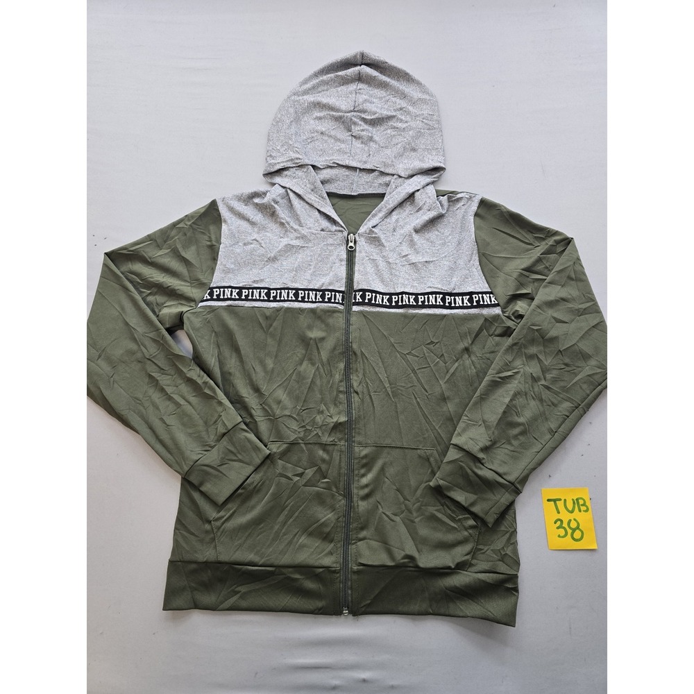 Victoria's Secret PINK Hoodie Olive Green Gray Colorblock Zip Up Sweatshirt